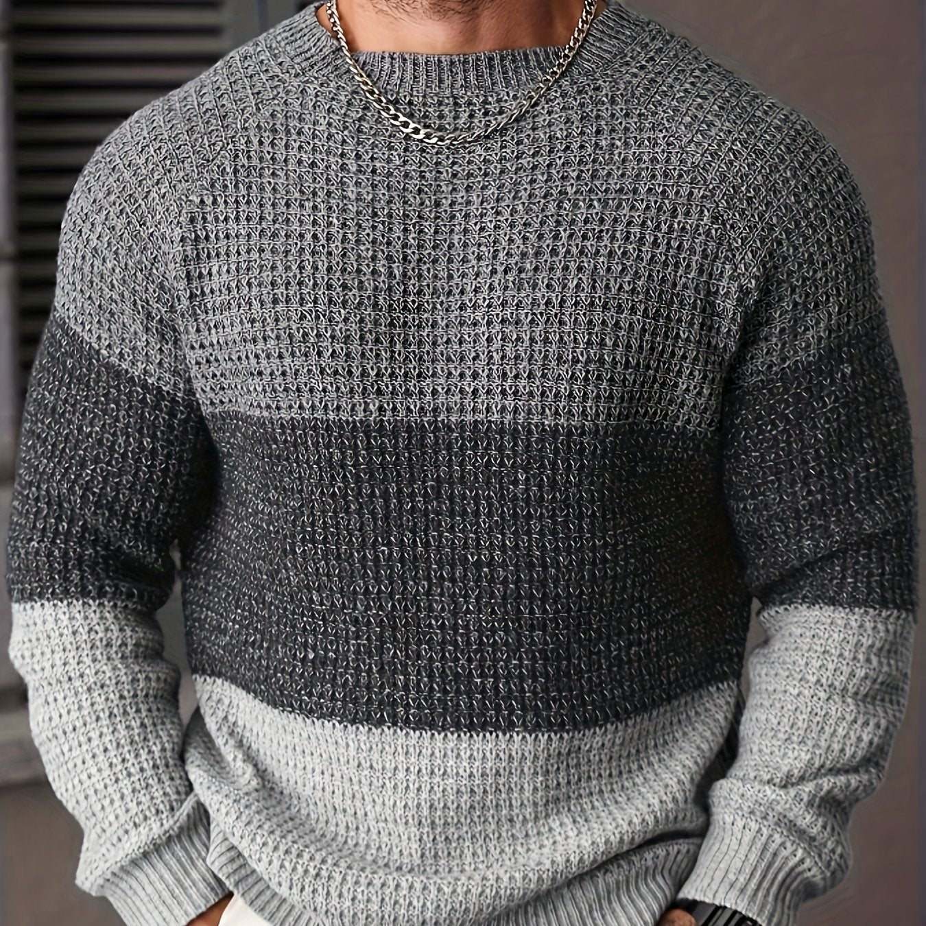 Herren Strickpullover Rundhals Mehrfarbig Gestreift Strukturstrick