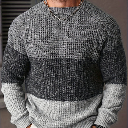Herren Strickpullover Rundhals Mehrfarbig Gestreift Strukturstrick