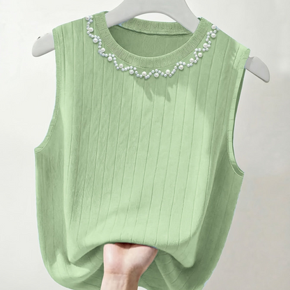 Dame elegant ærmeløs striktop med perlebesætning, ideel til hverdag og kontor