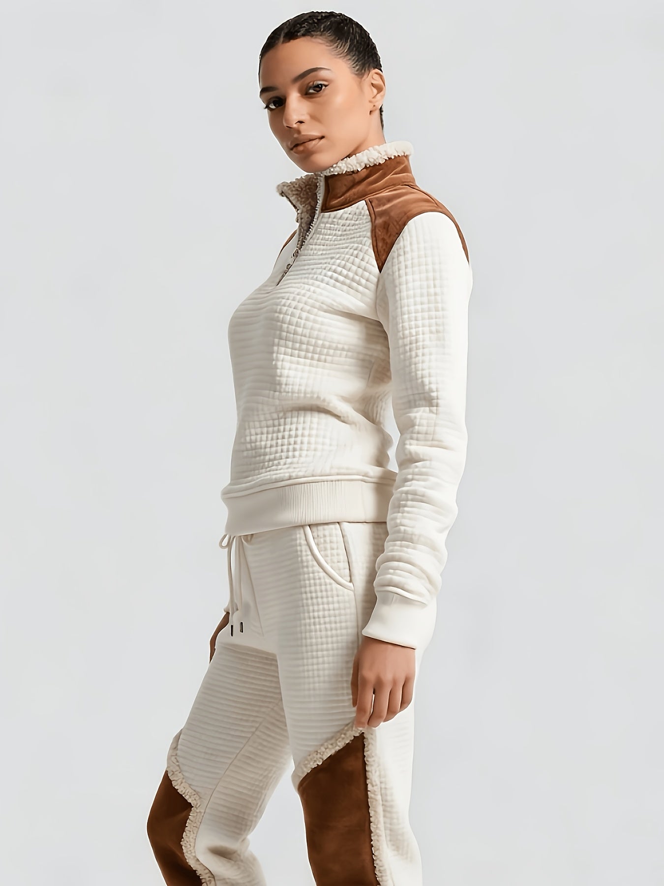 Gestepptes Damen Half-Zip Pullover Creme mit braunen Details