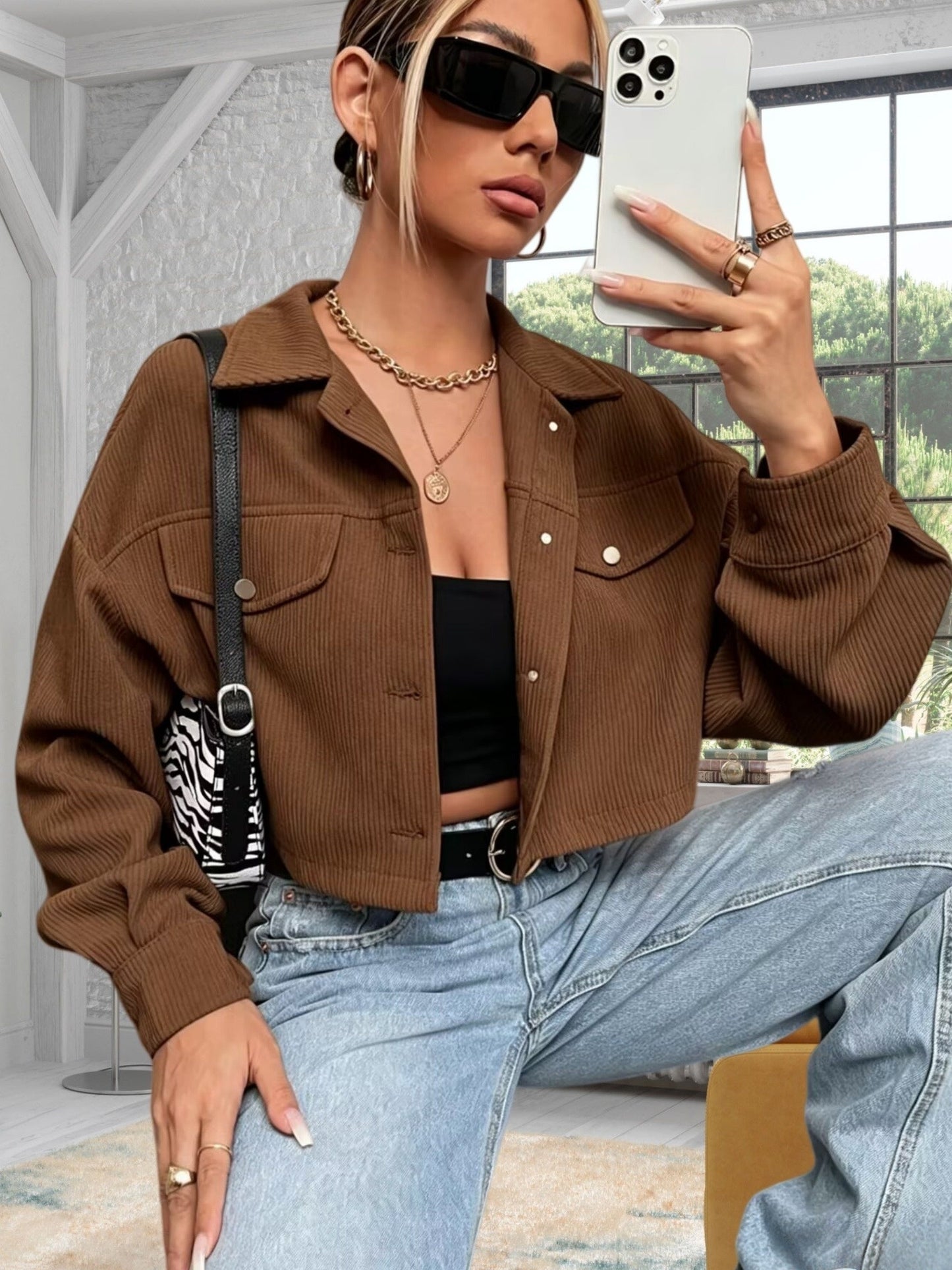 Damen Kurzjacke Rippstrick Cropped Jacke mit Knopfleiste & Brusttaschen