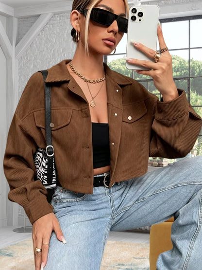 Damen Kurzjacke Rippstrick Cropped Jacke mit Knopfleiste & Brusttaschen