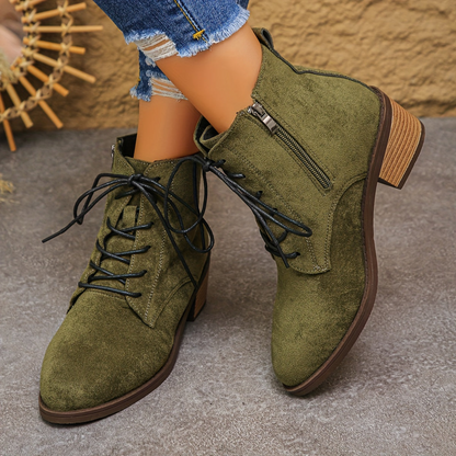 Damen Schnürstiefelette mit seitlichem Reißverschluss, Blockabsatz und spitzer Kappe