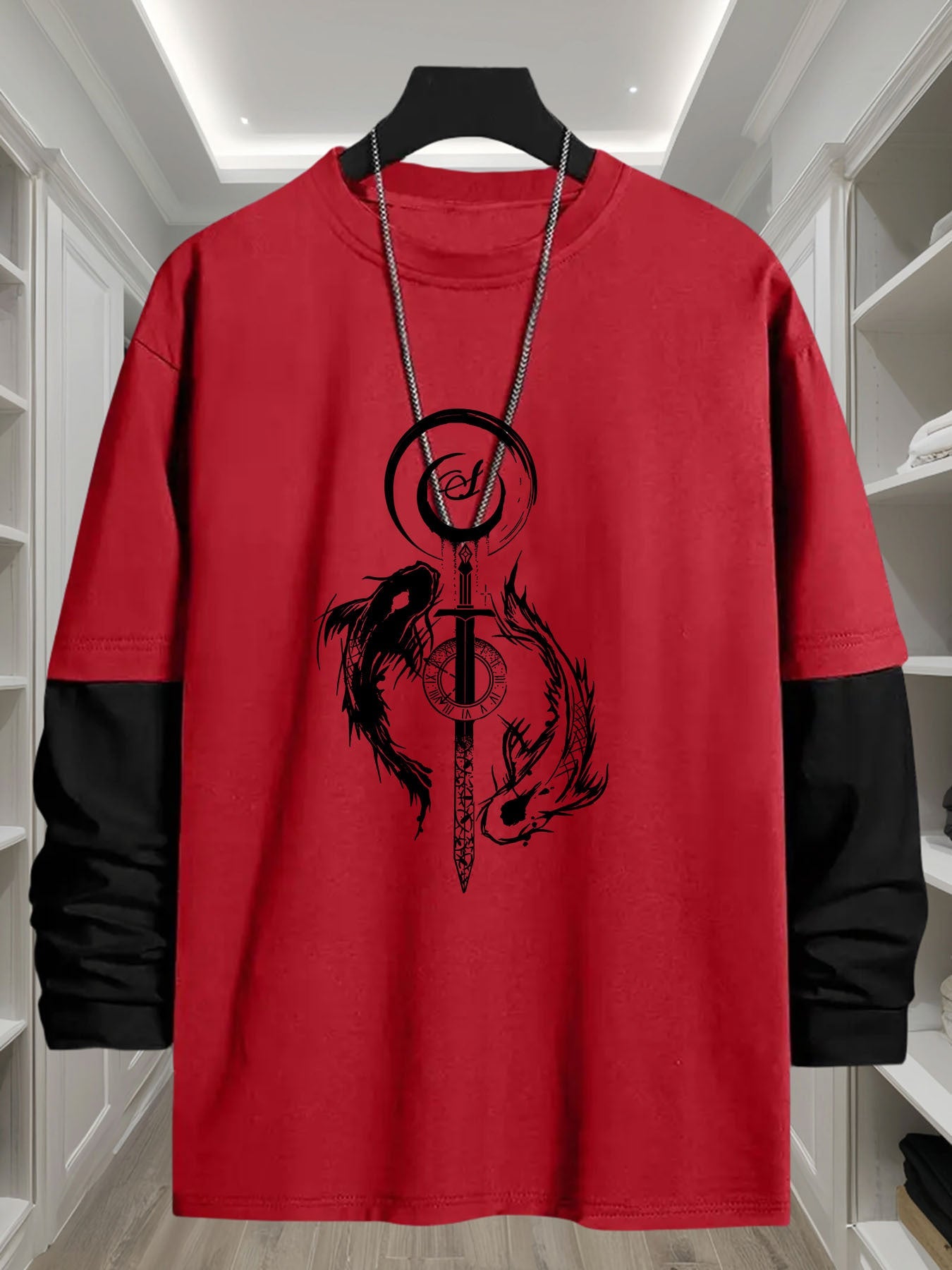 Unisex Langarm-T-Shirt mit Schwert- & Drachen-Print, Mehrfarbig