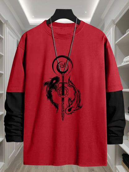 Unisex Langarm-T-Shirt mit Schwert- & Drachen-Print, Mehrfarbig