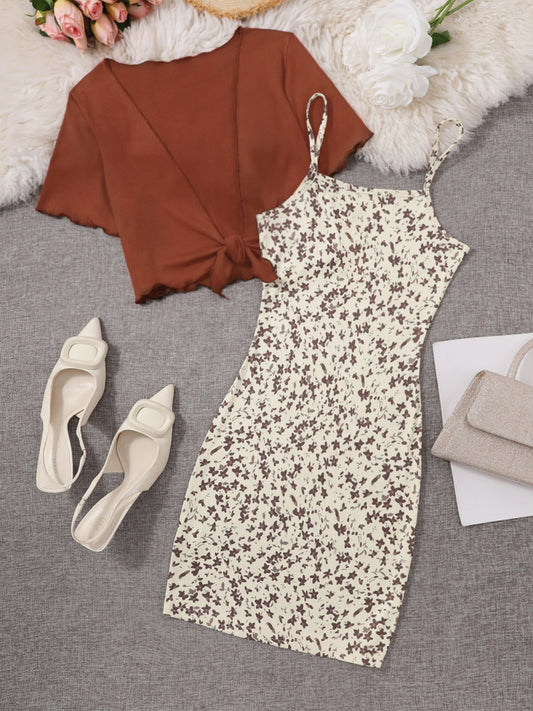 Ensemble femme – Robe élégante à imprimé floral avec boléro à manches courtes, idéal pour le printemps et l'été