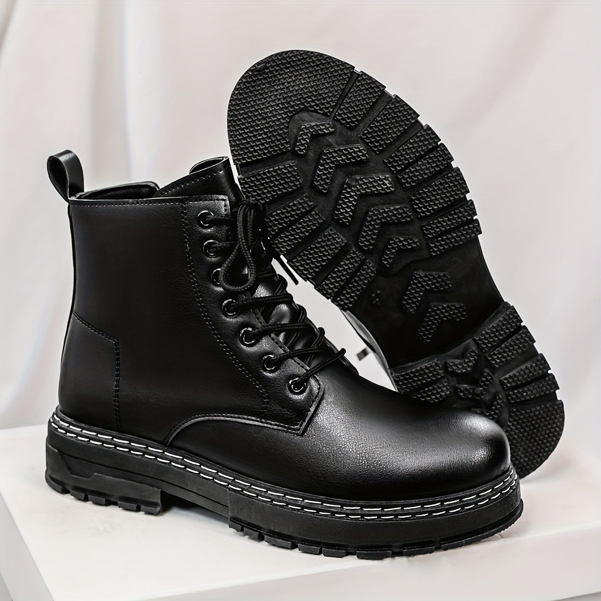Schwarze Schnürstiefel Herren Robuste Sohle Weiße Naht