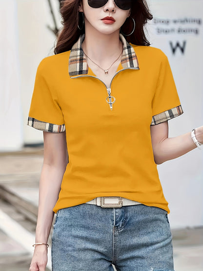 Polo casual da donna con zip e motivo a quadri – Maglia da tempo libero alla moda con collo con cerniera
