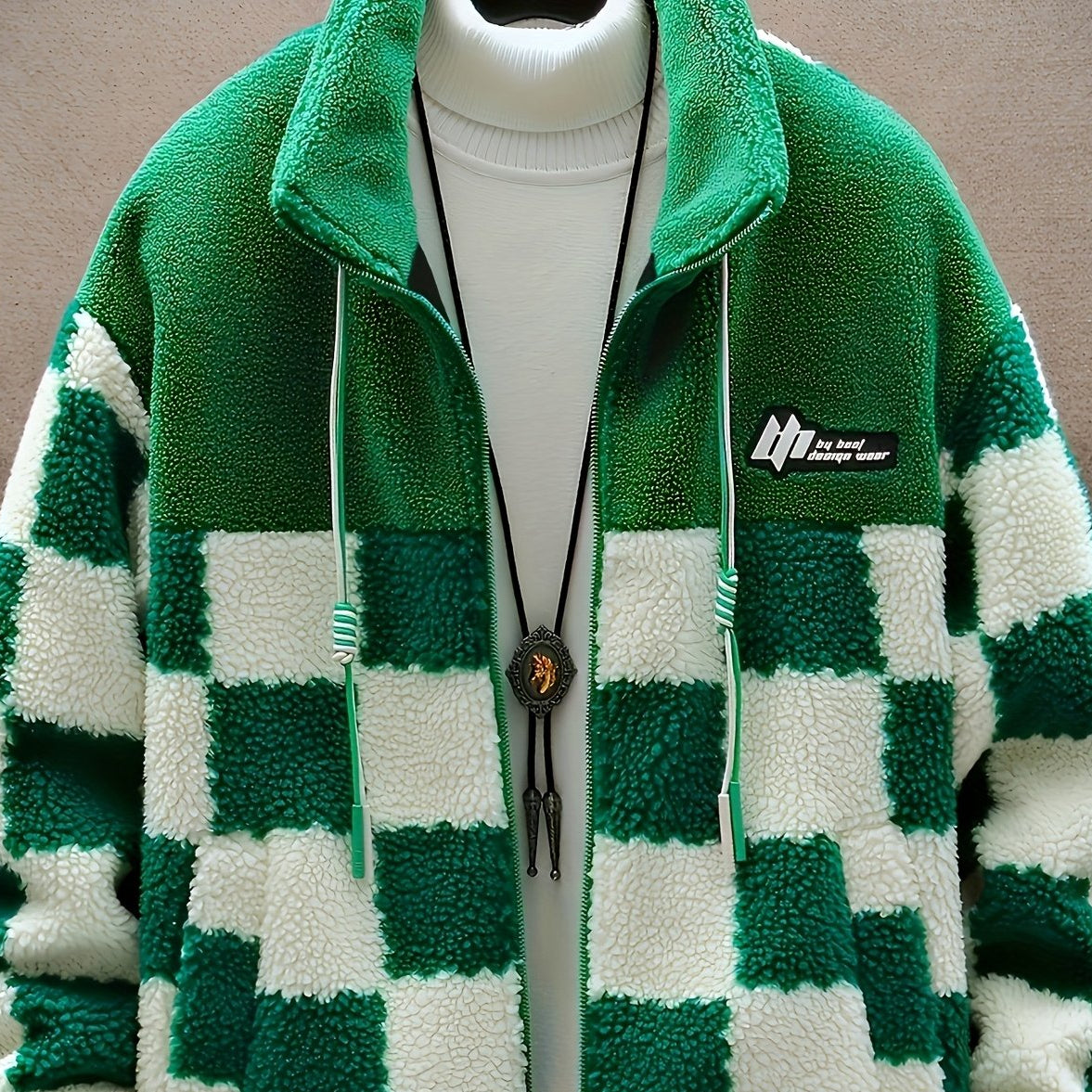 Chaqueta unisex de forro polar de peluche con cremallera y estampado de tablero de ajedrez azul y blanco