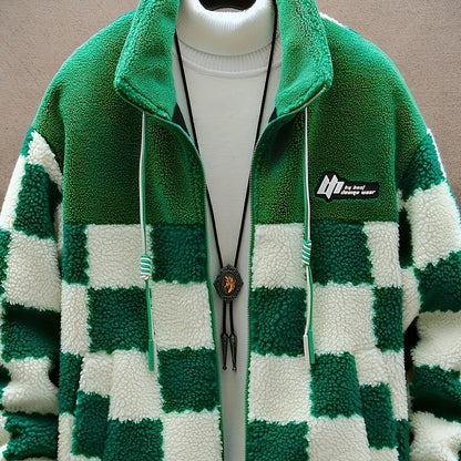Chaqueta unisex de forro polar de peluche con cremallera y estampado de tablero de ajedrez azul y blanco
