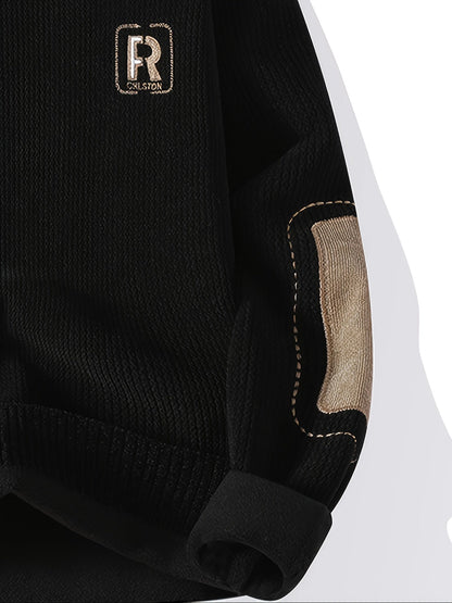 Suéter unisex de cuello redondo con textura acanalada y parches en los codos