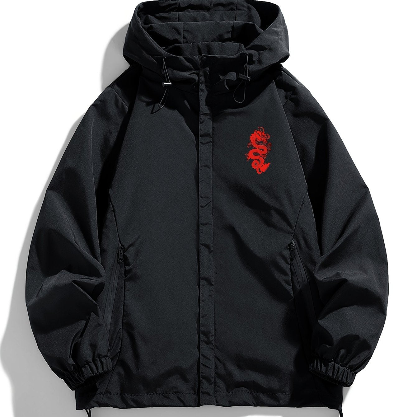 Schwarze Jacke mit Kapuze und rotem Drachen-Stickerei
