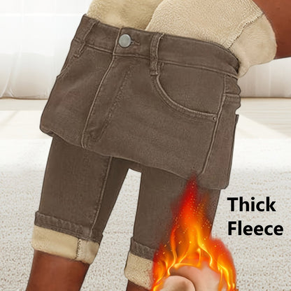 Damen Jeans mit Plüschfutter Braun Winterhose gefüttert