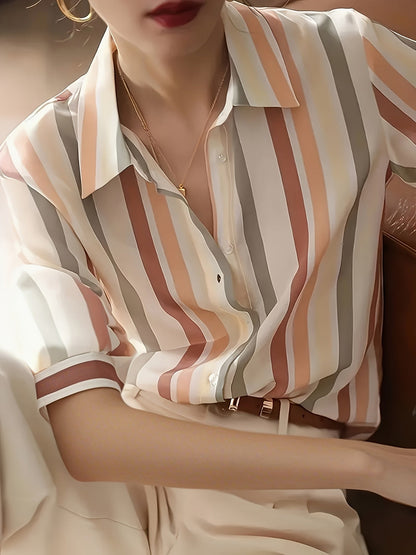 Blusa casual de negocios para mujer con estampado de rayas – Manga corta, estilo elegante para oficina y uso diario