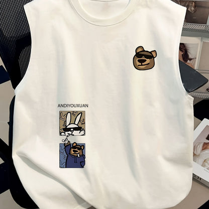 Męski modny bezrękawnik streetwear z nadrukiem kreskówkowym i nowoczesnym wzorem charakteru