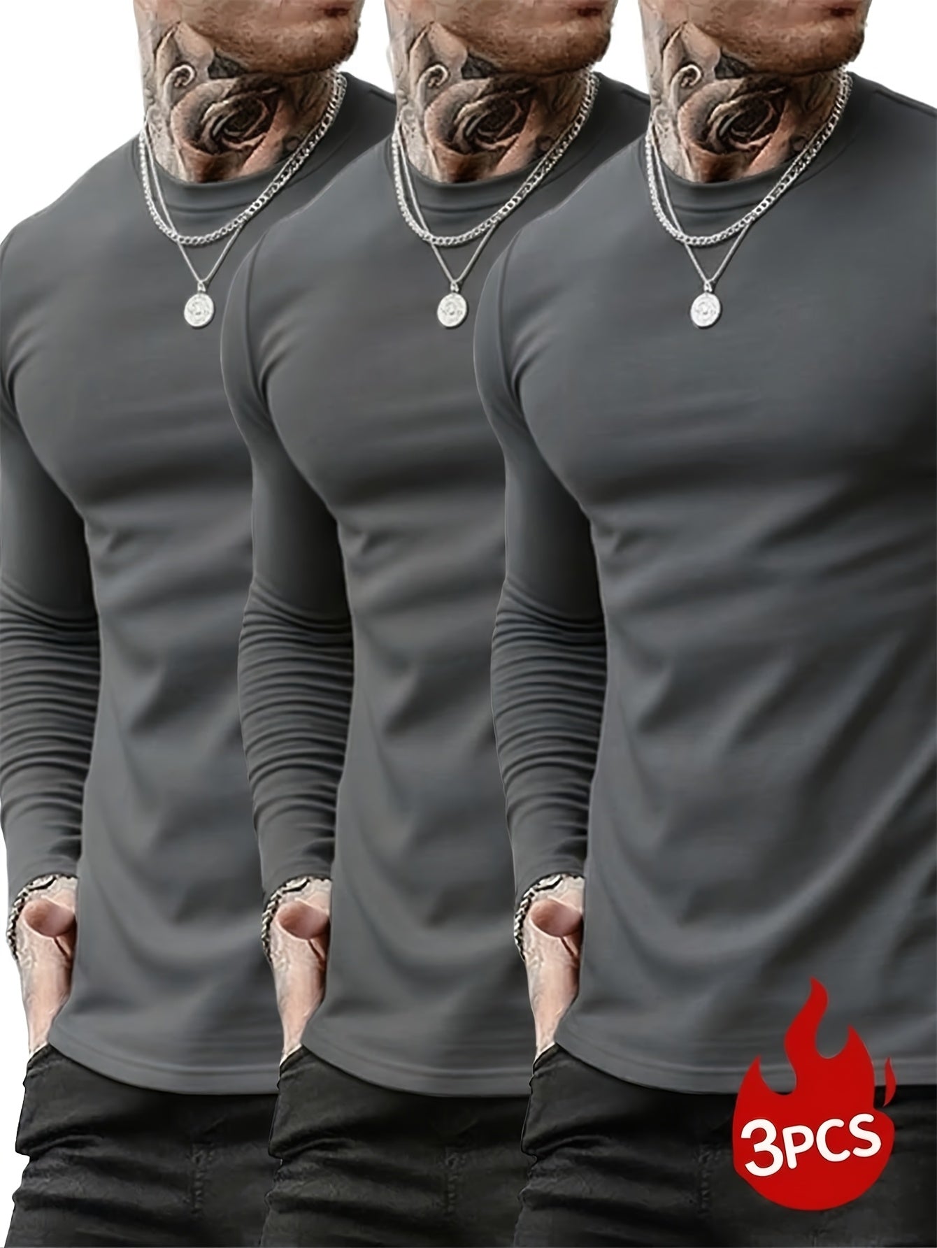 Langærmet herre-T-shirt, 3-pak, rund hals, slim fit, basic, sort, grå, hvid