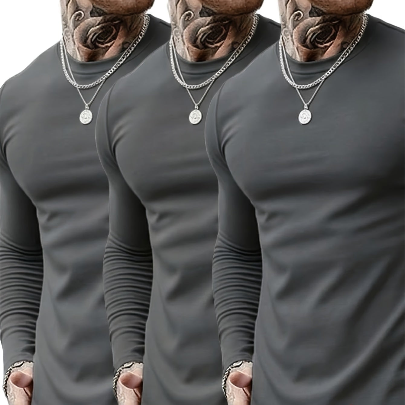 Langærmet herre-T-shirt, 3-pak, rund hals, slim fit, basic, sort, grå, hvid