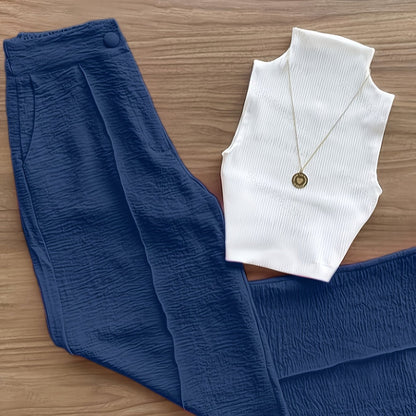 Set elegante da donna – Top senza maniche con collo alto e pantaloni ampi per primavera ed estate