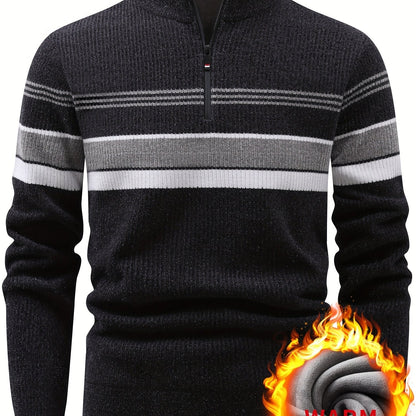 Herren Halb-Reißverschluss Strickpullover mit Streifenmuster, gerippt