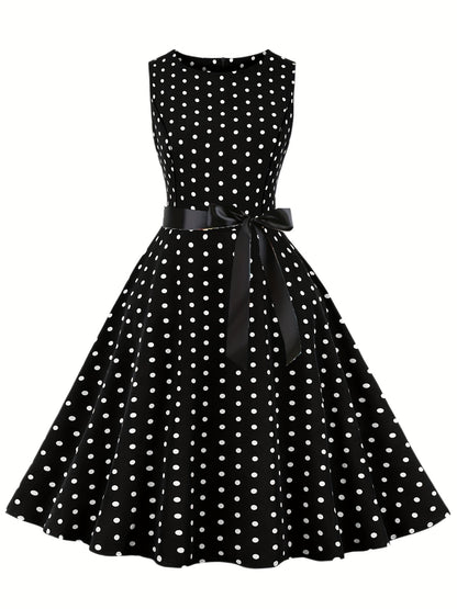 Damen Vintage Polka Dot Fit & Flare Partykleid mit Gürtel, ärmellos, Retro Sommerkleid
