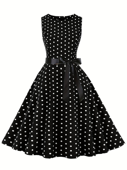 Dames Vintage Polka Dot Fit & Flare Feestjurk met Riem, Mouwloos, Retro Zomerjurk