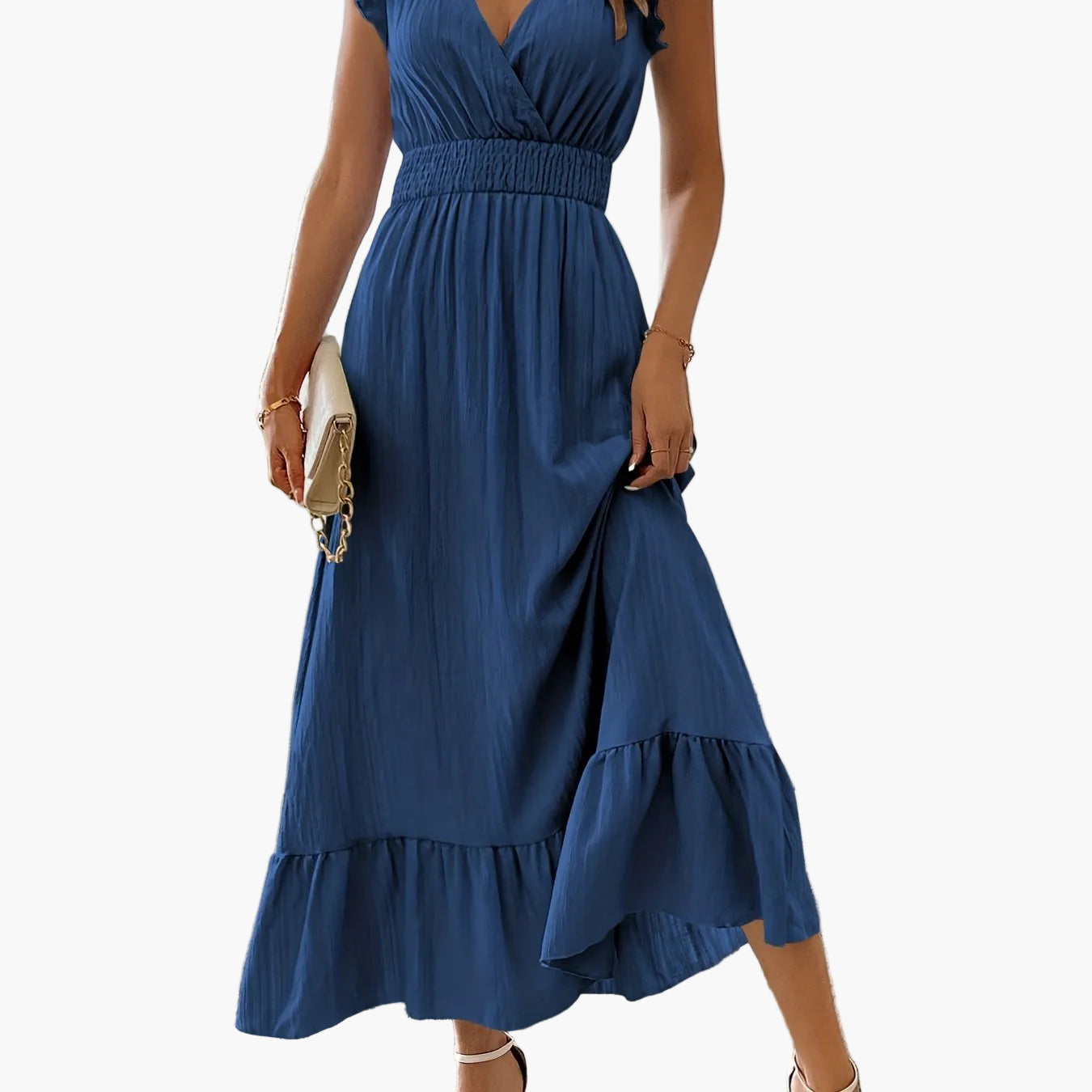 Robe longue élégante pour femme avec manches à volants et détail à la taille – Parfaite pour l'été et les vacances