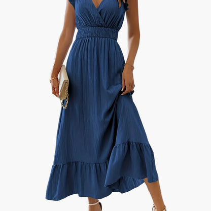 Robe longue élégante pour femme avec manches à volants et détail à la taille – Parfaite pour l'été et les vacances