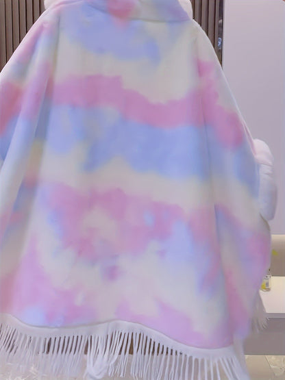 Bunter Cape mit Kapuze und Fransen aus Plüschmaterial