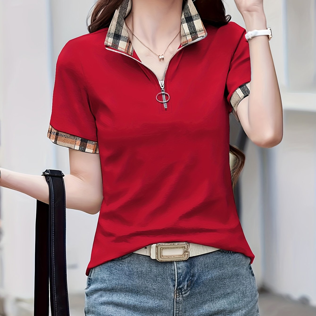 Polo casual da donna con zip e motivo a quadri – Maglia da tempo libero alla moda con collo con cerniera