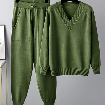 Set da donna in maglia con pullover con scollo a V e pantaloni da jogging