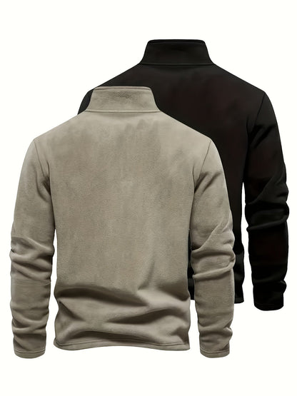 Herenfleece-pullover met opstaande kraag en rits, zwart en kaki