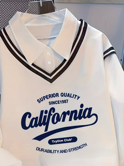 Weißer Langarm-Pullover im Lagenlook mit Kragen und California-Aufdruck