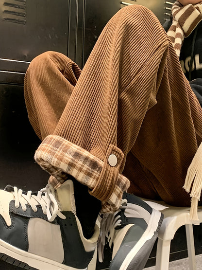 Kordhose Unisex Weites Bein Karo Krempelbund