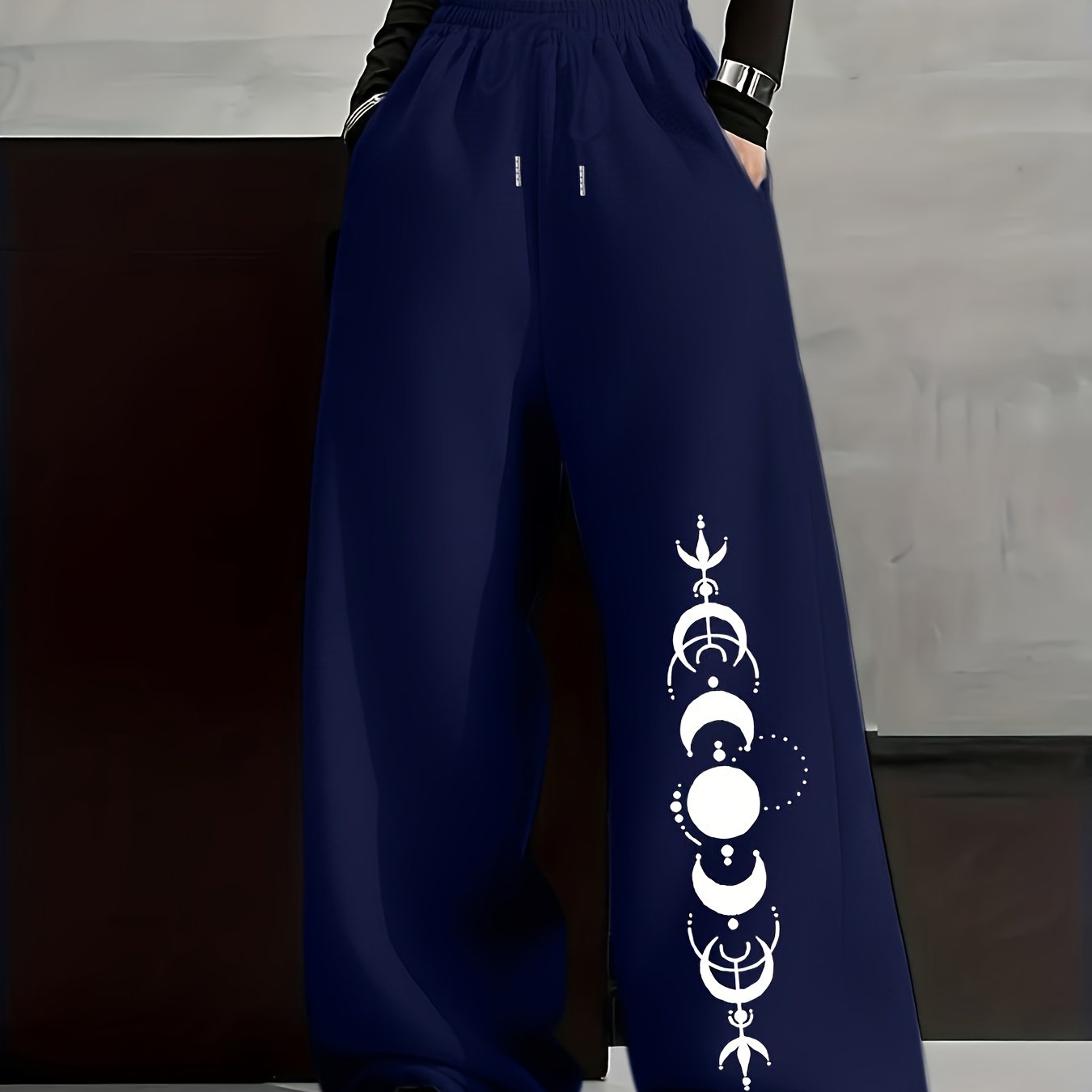 Unisex Weite Freizeithose mit Mondphasen-Muster, Elastischer Bund