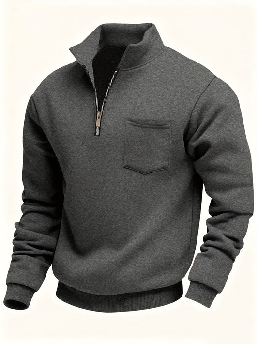 Sweatshirt til mænd med halv lynlås, ståkrave og brystlomme, mørkegrå