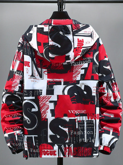 Giacca con cappuccio unisex con stampa testuale, giacca a vento casual con cerniera, rosso nero bianco