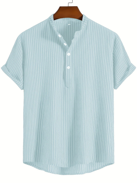 Heren kortarmig vrijetijdsoverhemd met opstaande kraag en streeppatroon – modern halfarm shirt voor dagelijks gebruik en kantoor