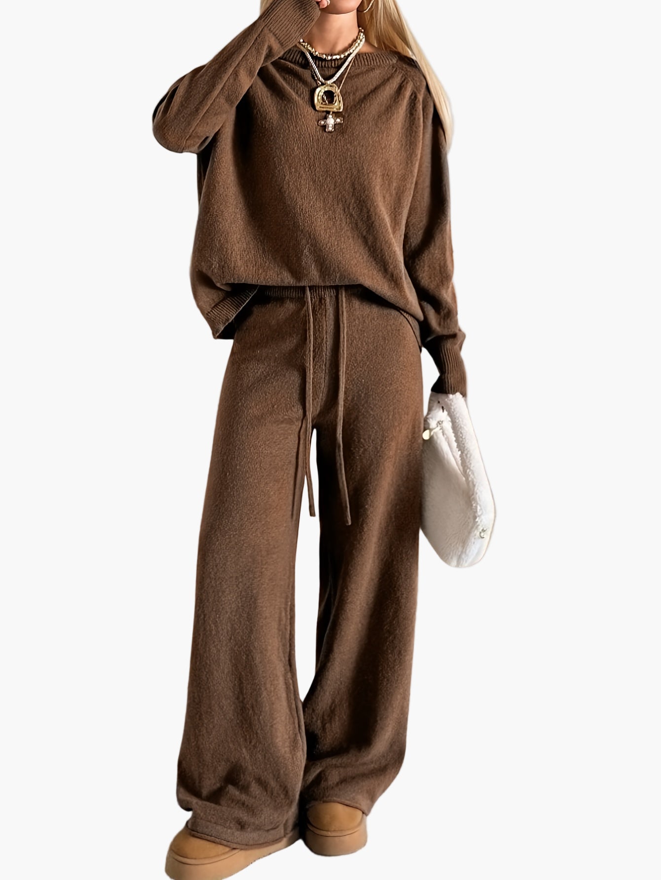 Damen Lounge Set Freizeit Zweiteiler mit weitem Schnitt – Bequemer Strickpullover und Hose, modisch für Herbst und Winter