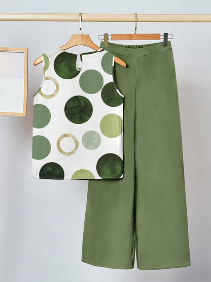 Damski komplet dwuczęściowy – bezrękawnik w kropki i szerokie spodnie – modny casualowy look
