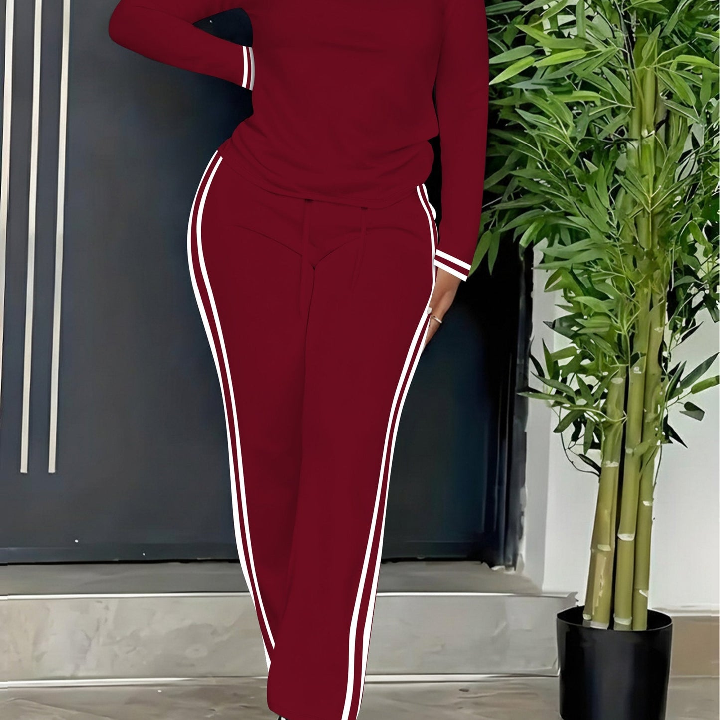 Damen Sportanzug Set Marineblau mit Streifen Langarm Oberteil und Hose