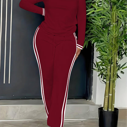Damen Sportanzug Set Marineblau mit Streifen Langarm Oberteil und Hose
