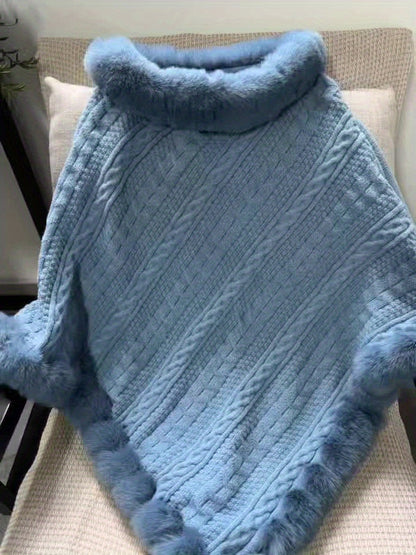 Strickponcho Damen mit Kunstfellbesatz Zopfmuster Kapuze