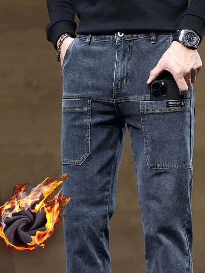 Jeans invernali da uomo, pantaloni foderati, neri o blu, vestibilità dritta