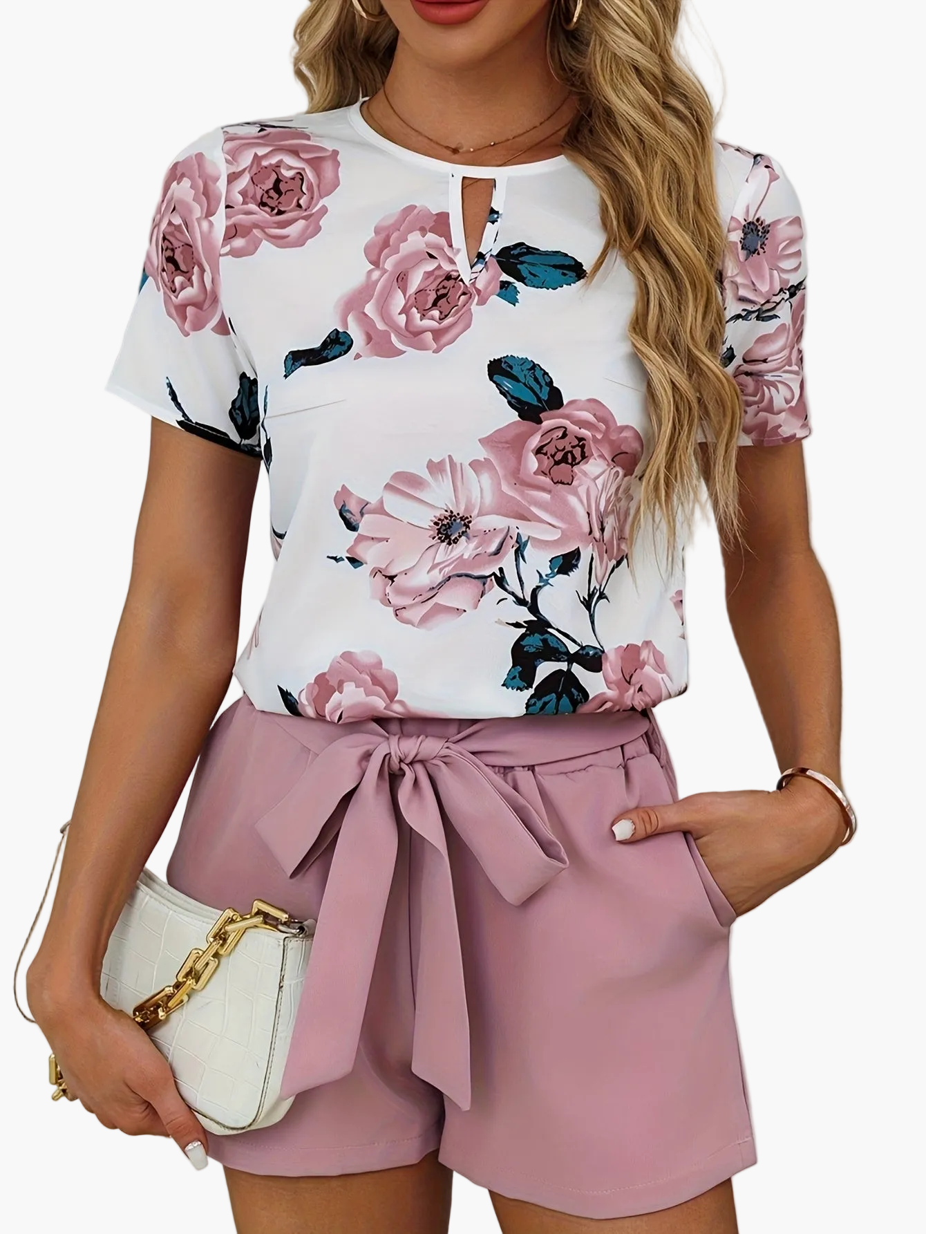 Dame elegant blomsterprint sett med belte – Perfekt for vår og sommer