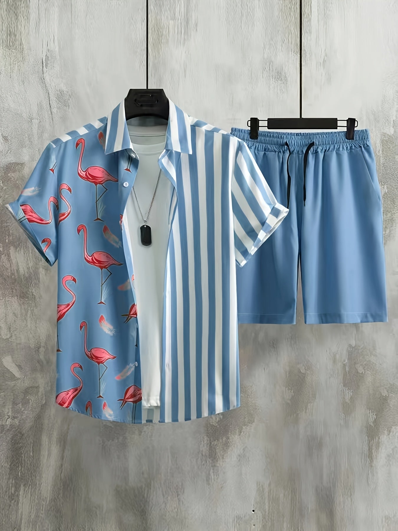 Herr sommar kortärmad fritidsset med flamingo- och randmönster – Perfekt för semester och vardag