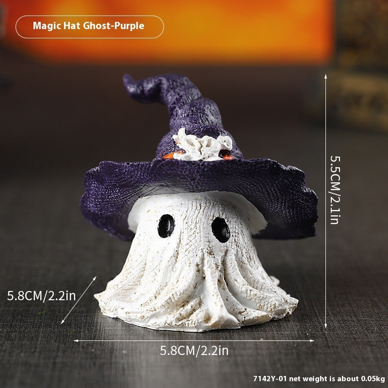 Figura Decorativa Fantasma con Cappello da Strega per Halloween – Incantevole Figura in Resina per Atmosfera Spaventosa di Halloween