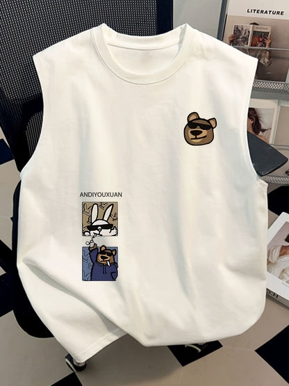 Męski modny bezrękawnik streetwear z nadrukiem kreskówkowym i nowoczesnym wzorem charakteru
