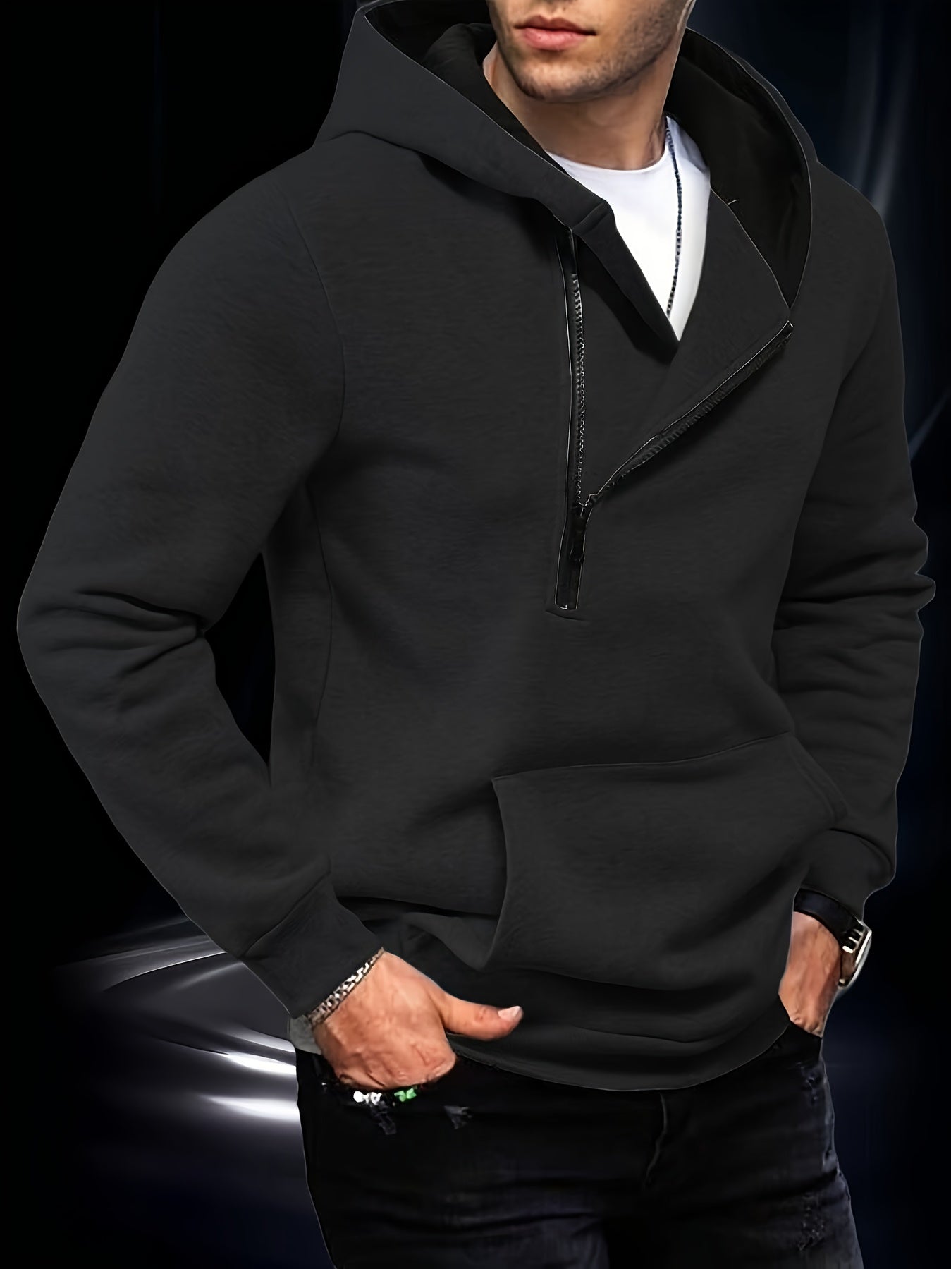 Herren Kapuzenpullover mit diagonalem Reißverschluss Kängurutasche