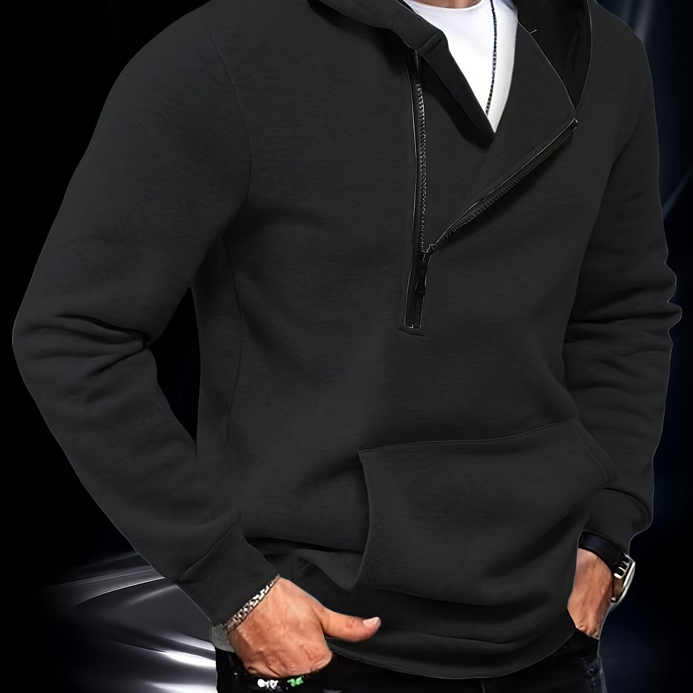 Herren Kapuzenpullover mit diagonalem Reißverschluss Kängurutasche