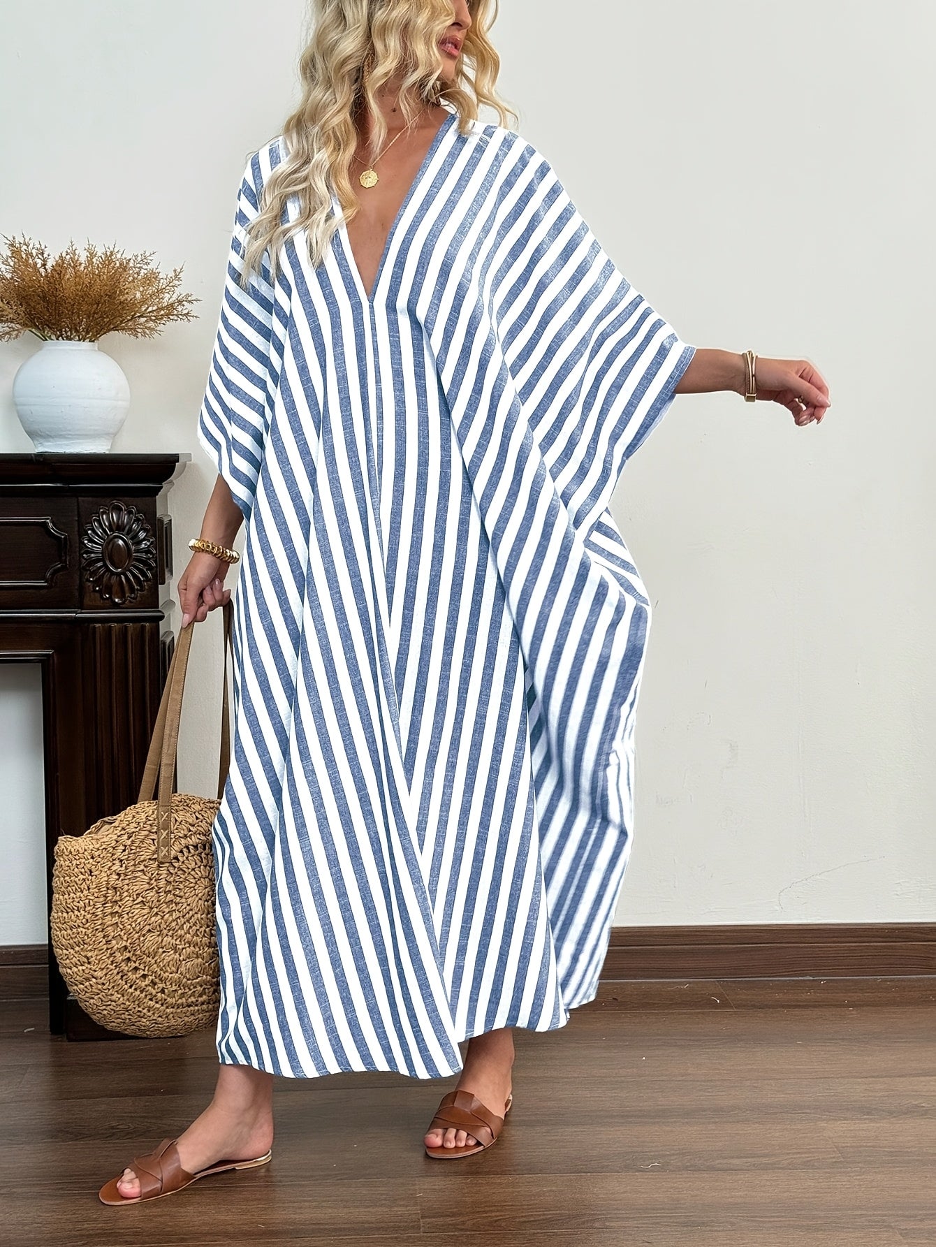 Dame kaftan maxikjole – stripete oversized sommerkjole i resortstil for strand og ferie